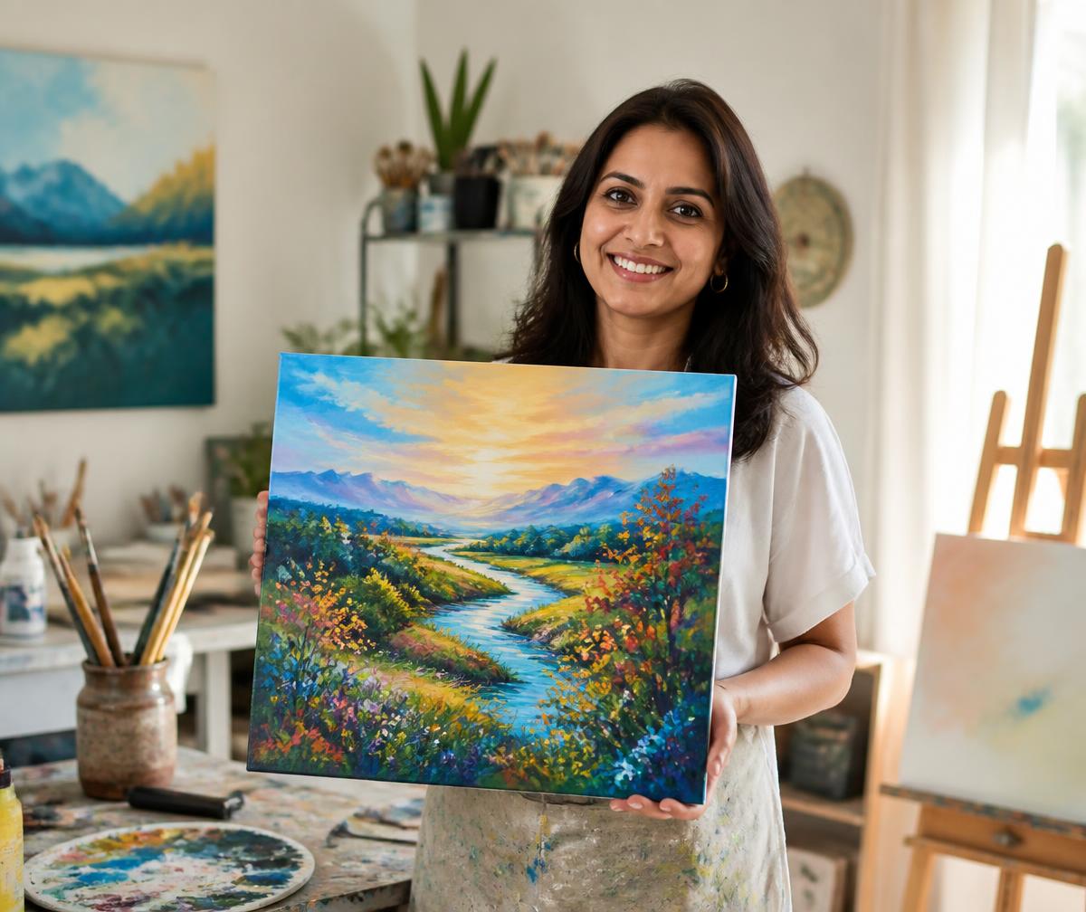 Happy adult proudly holding her own colorful canvas artwork