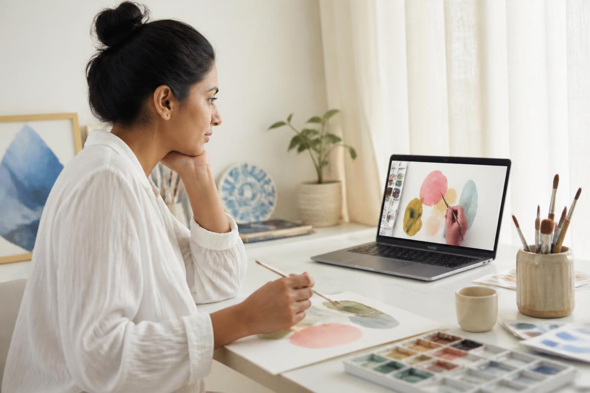A learner following an art tutorial alone on a laptop