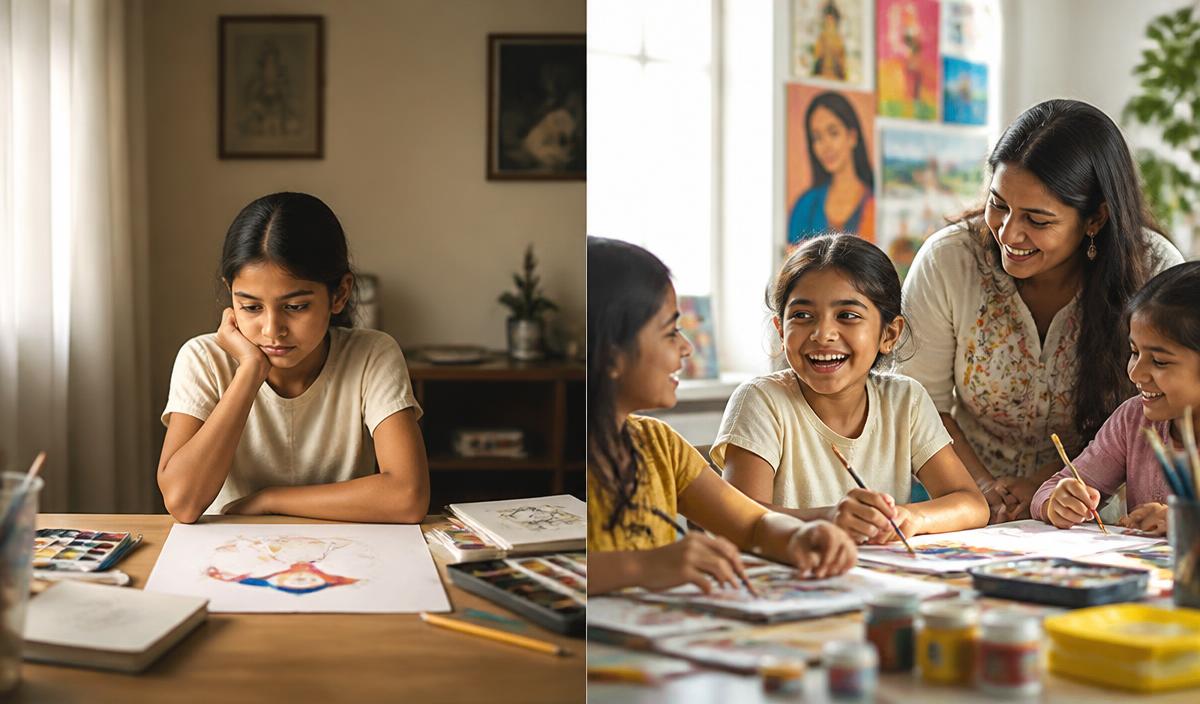 A child working alone and later creating with a supportive art community