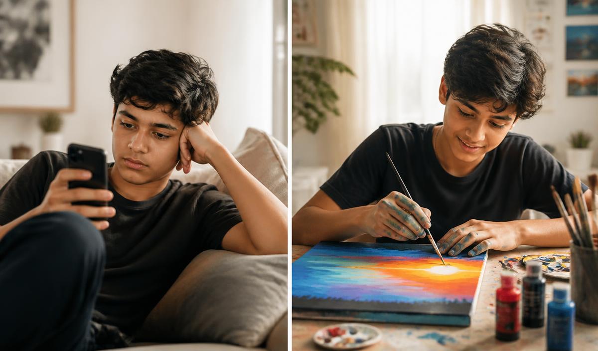 A teenager scrolling on a phone and later creating a colorful painting