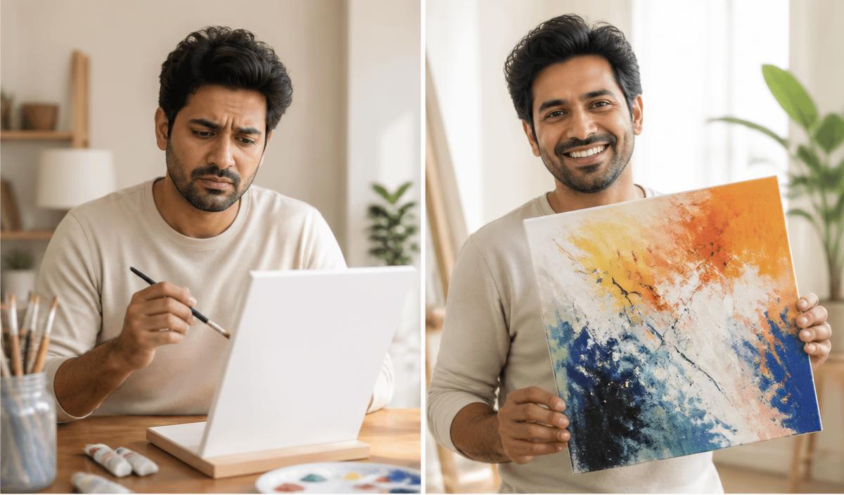 An unsure man before painting and the same artist proudly holding his finished artwork