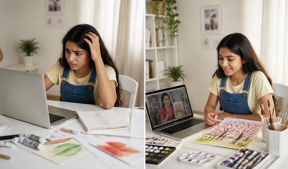 A confused teenage learner and later following a guided online art lesson