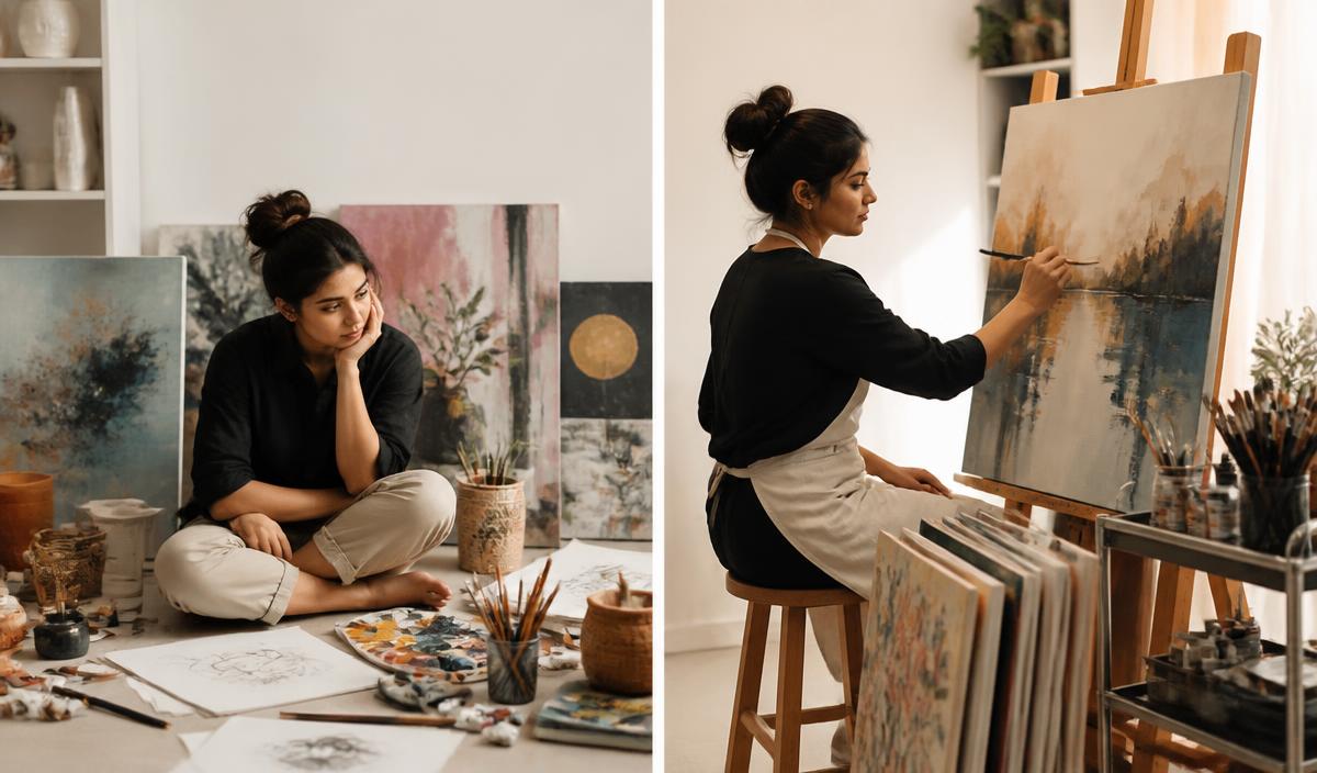 A hobby artist feeling stuck and later working confidently on a refined canvas