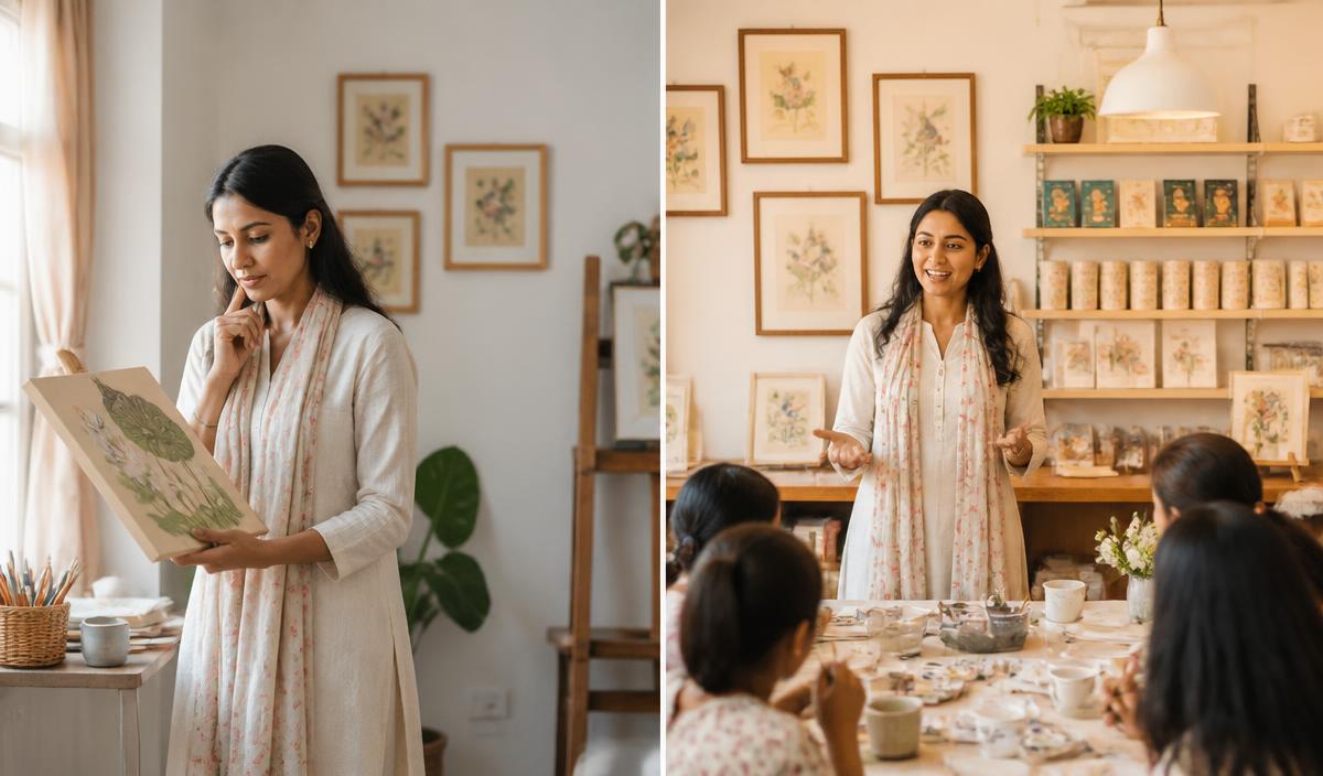 An artist wondering about her future and later teaching and selling her artwork