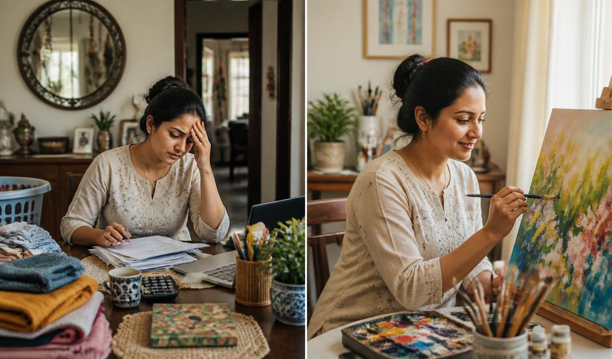 A busy adult surrounded by responsibilities and later enjoying time to paint