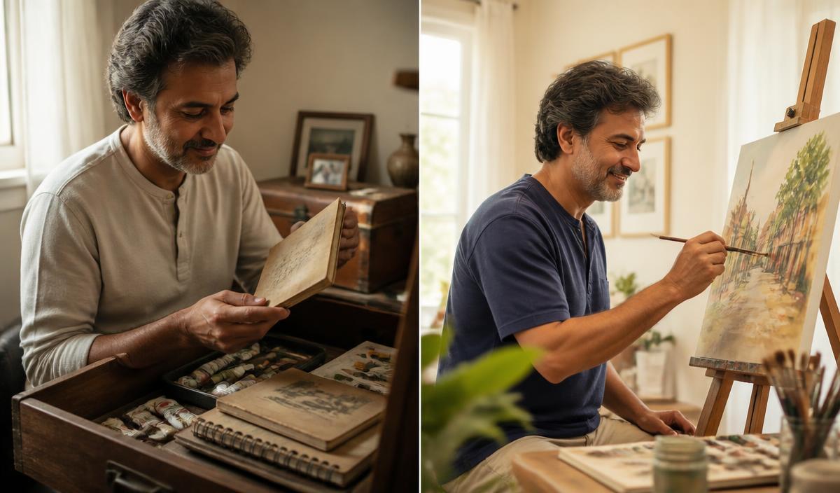 A man rediscovering old painting supplies and returning happily to his easel
