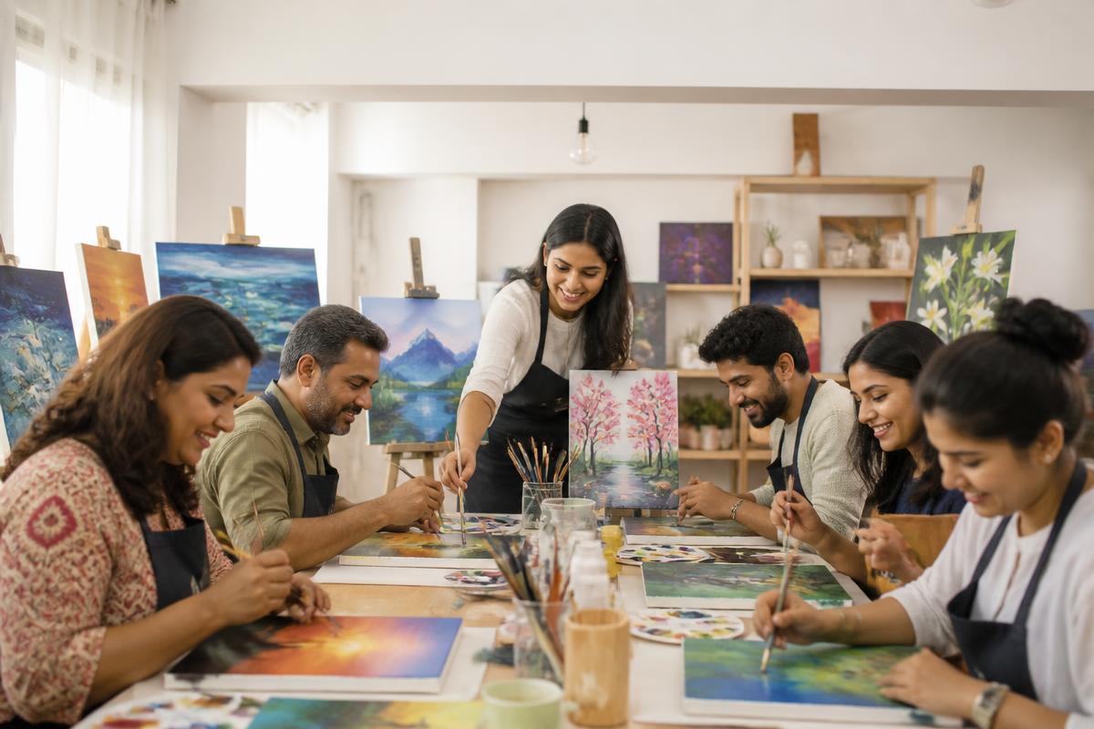 Adults learning canvas art together with a guide at Tvastra